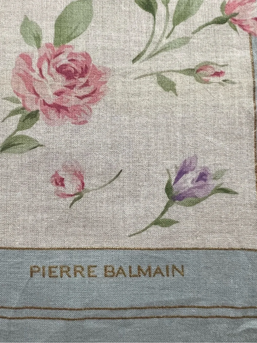 Pierre Balmain Floral Cotton Neckerchief Blue Border Gold Metallic Stripe Scarf